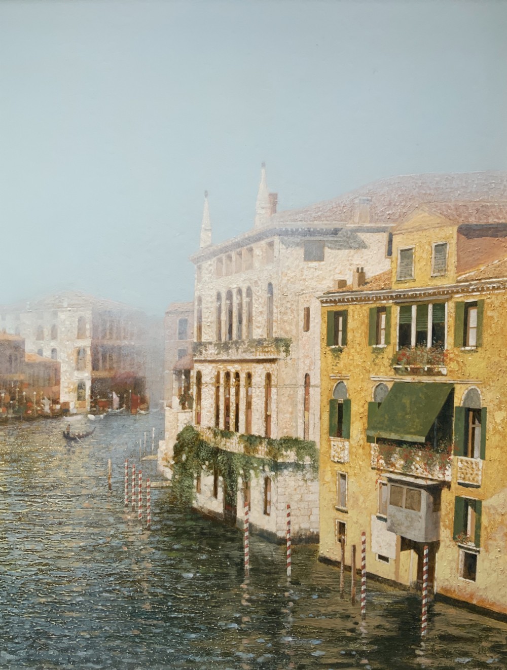 An oil painting on a wooden panel depicting Venetian palazzi along the Grand Canal under a light blue sky. View VIII