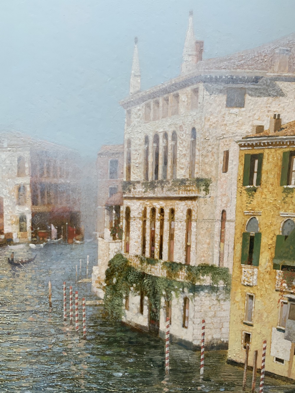 An oil painting on a wooden panel depicting Venetian palazzi along the Grand Canal under a light blue sky. View X