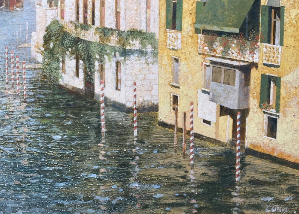 An oil painting on a wooden panel depicting Venetian palazzi along the Grand Canal under a light blue sky. View XI