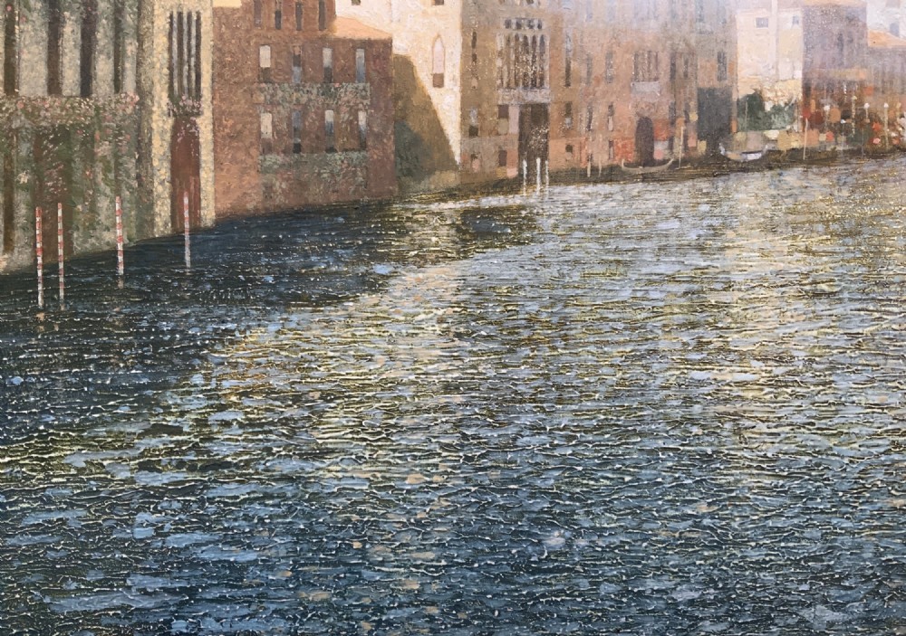 An oil painting on a wooden panel depicting Venetian palazzi along the Grand Canal under a light blue sky. View XII