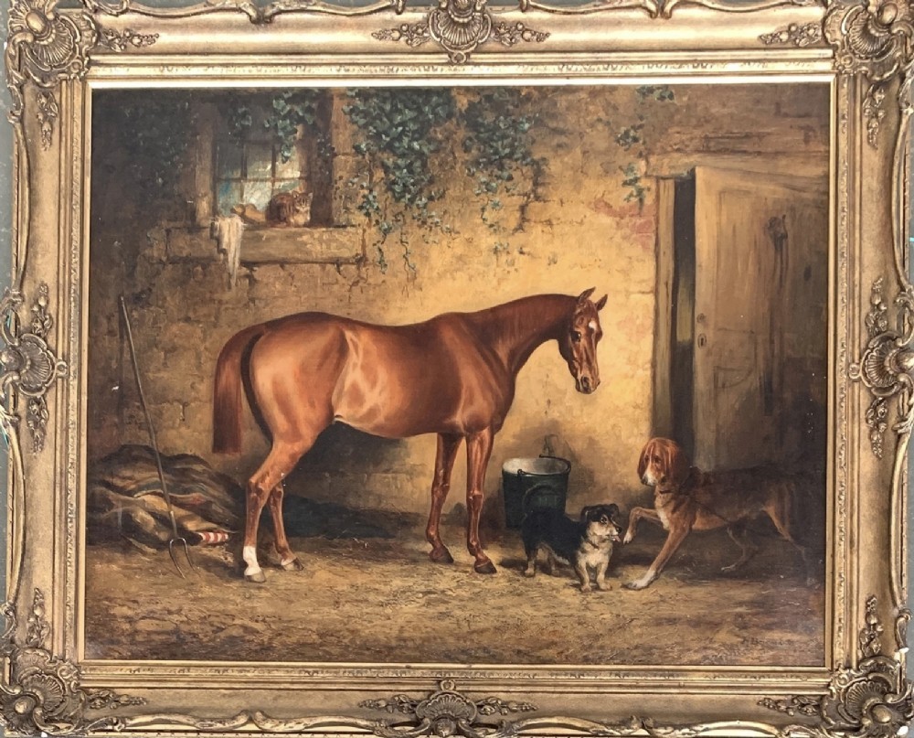 A nineteenth-century oil painting on canvas depicting a bay hunter horse in profile set against an outdoor landscape background. View II