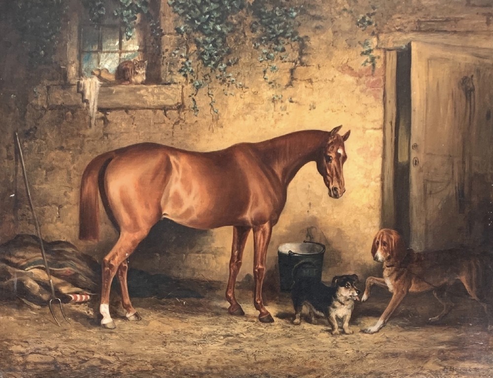 A nineteenth-century oil painting on canvas depicting a bay hunter horse in profile set against an outdoor landscape background. View VI