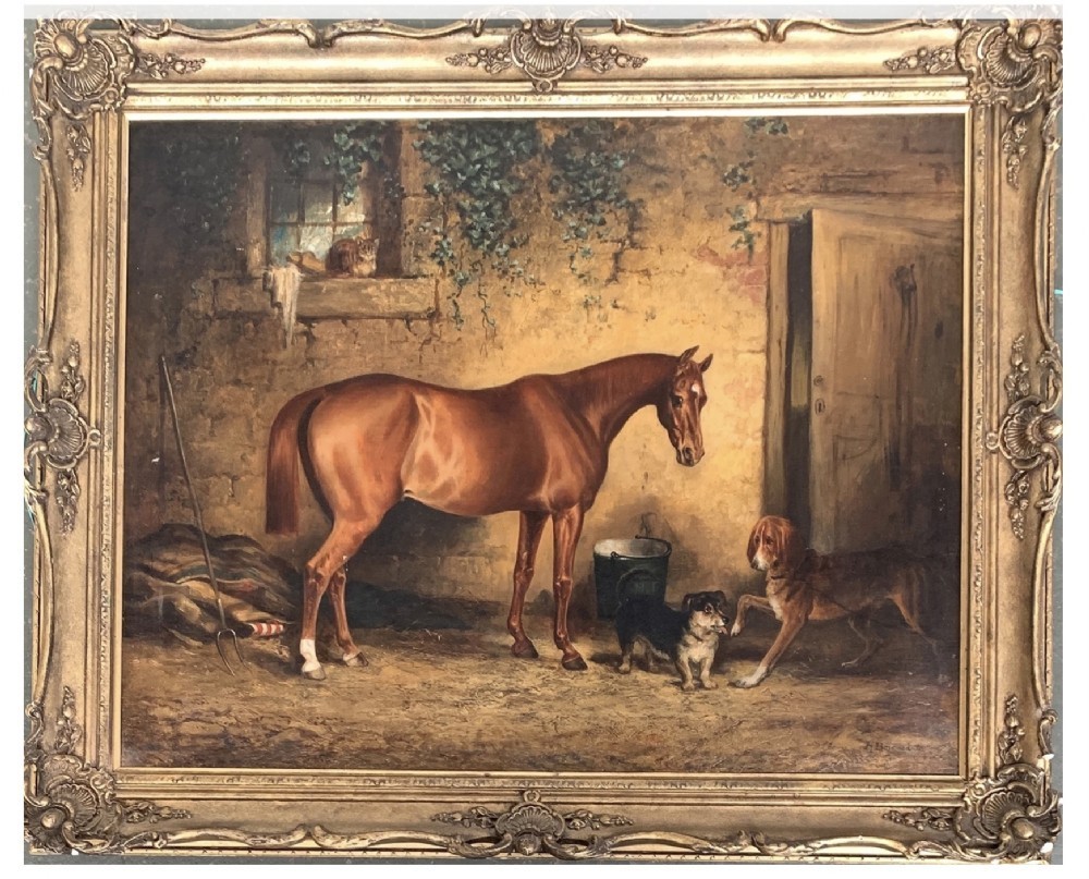 A nineteenth-century oil painting on canvas depicting a bay hunter horse in profile set against an outdoor landscape background. View VII