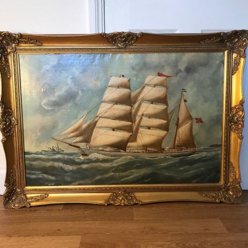 An antique oil painting depicting a three-masted wooden sailing vessel on choppy seas, set within an ornate gilt frame. View III