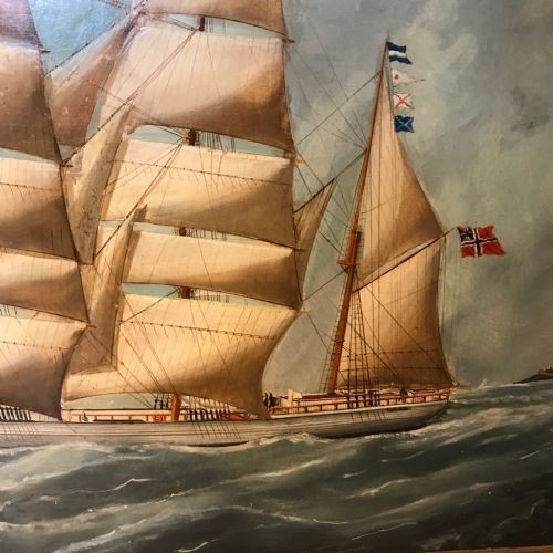 An antique oil painting depicting a three-masted wooden sailing vessel on choppy seas, set within an ornate gilt frame. View IV