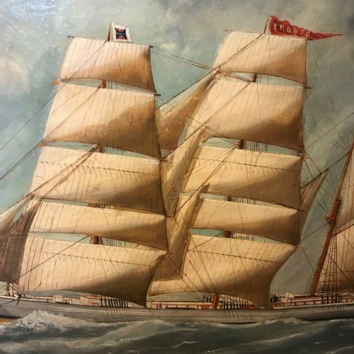 An antique oil painting depicting a three-masted wooden sailing vessel on choppy seas, set within an ornate gilt frame. View V