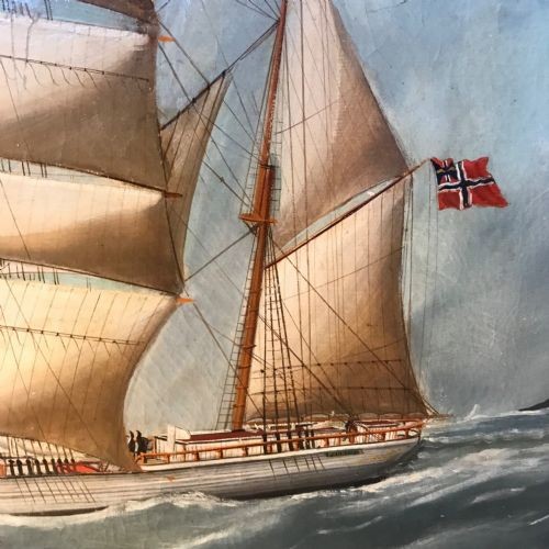 An antique oil painting depicting a three-masted wooden sailing vessel on choppy seas, set within an ornate gilt frame. View VI