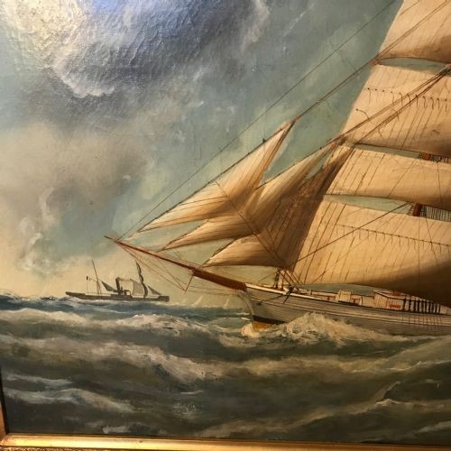 An antique oil painting depicting a three-masted wooden sailing vessel on choppy seas, set within an ornate gilt frame. View VII
