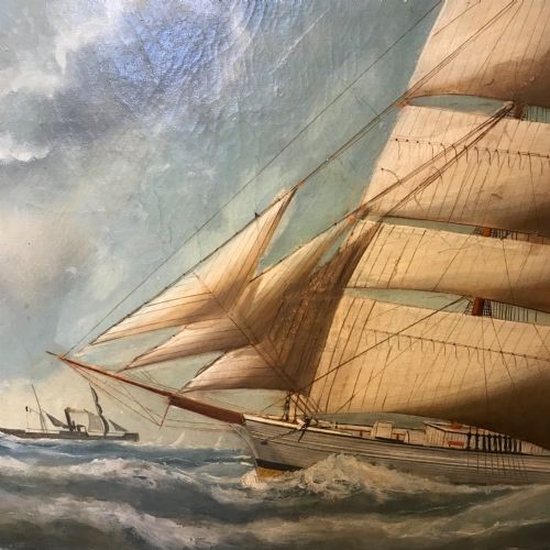 An antique oil painting depicting a three-masted wooden sailing vessel on choppy seas, set within an ornate gilt frame. View VIII