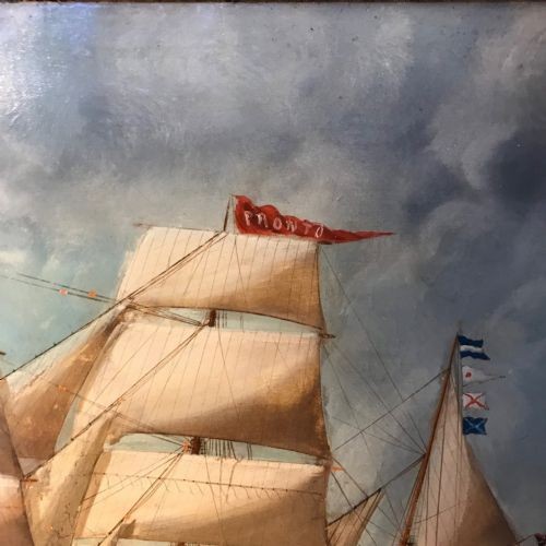 An antique oil painting depicting a three-masted wooden sailing vessel on choppy seas, set within an ornate gilt frame. View IX