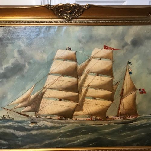 An antique oil painting depicting a three-masted wooden sailing vessel on choppy seas, set within an ornate gilt frame. View X