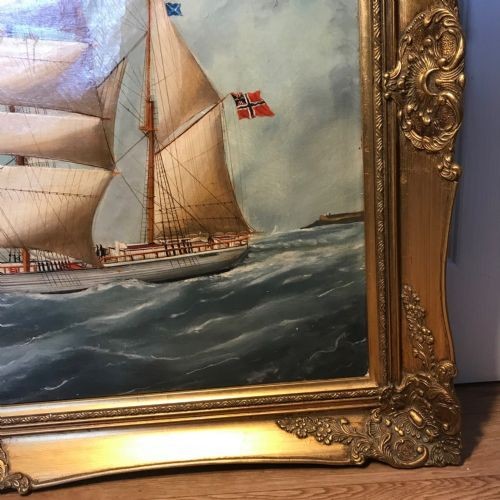An antique oil painting depicting a three-masted wooden sailing vessel on choppy seas, set within an ornate gilt frame. View XI