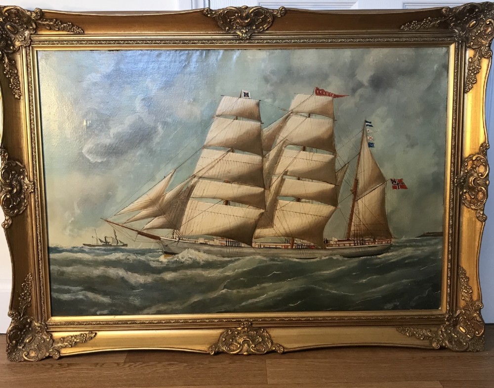 An antique oil painting depicting a three-masted wooden sailing vessel on choppy seas, set within an ornate gilt frame. View XV