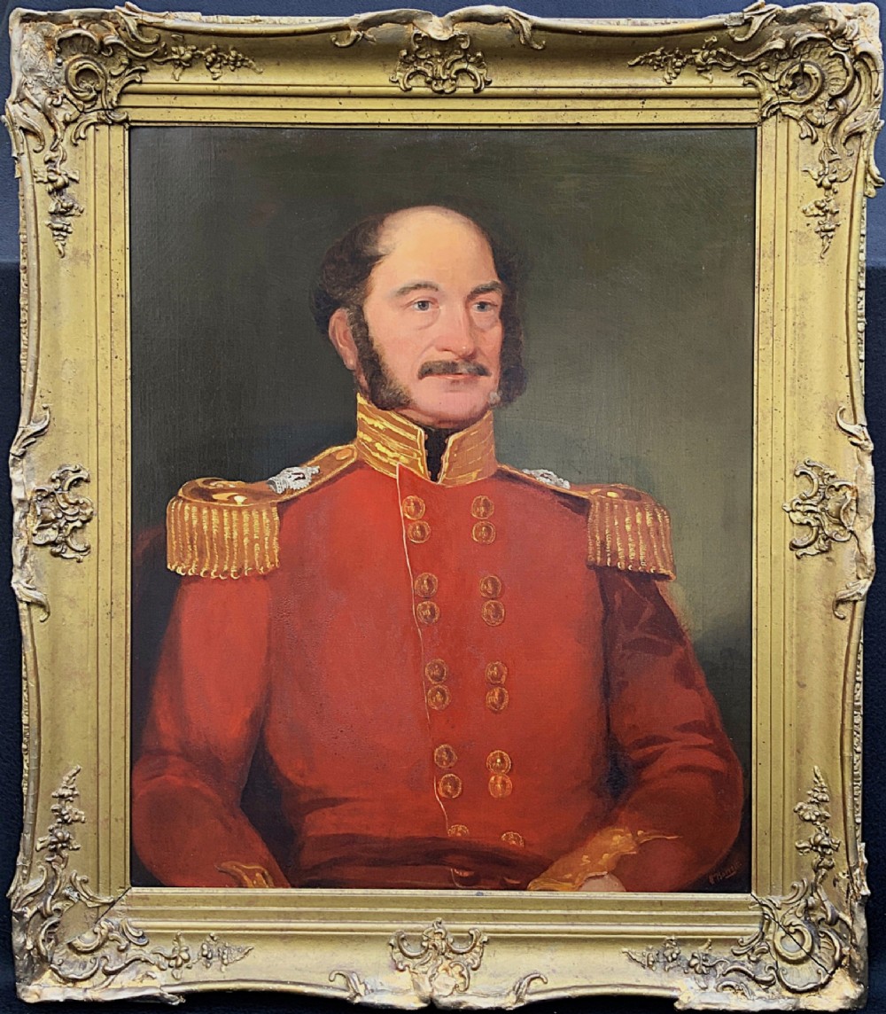 An oil portrait of a 19th-century British military officer wearing a red uniform coat with gold epaulettes, set within an ornate gilded frame. View VII