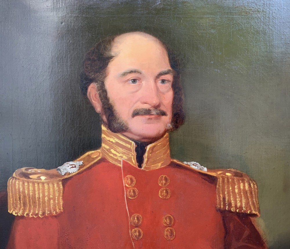 A 19th-century oil portrait of a British military officer depicted in regimental uniform on canvas. View V