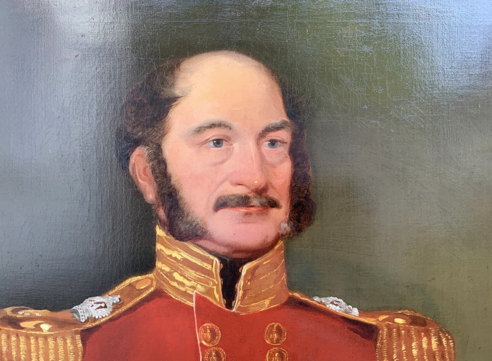 A 19th-century oil portrait of a British military officer depicted in regimental uniform on canvas. View VI