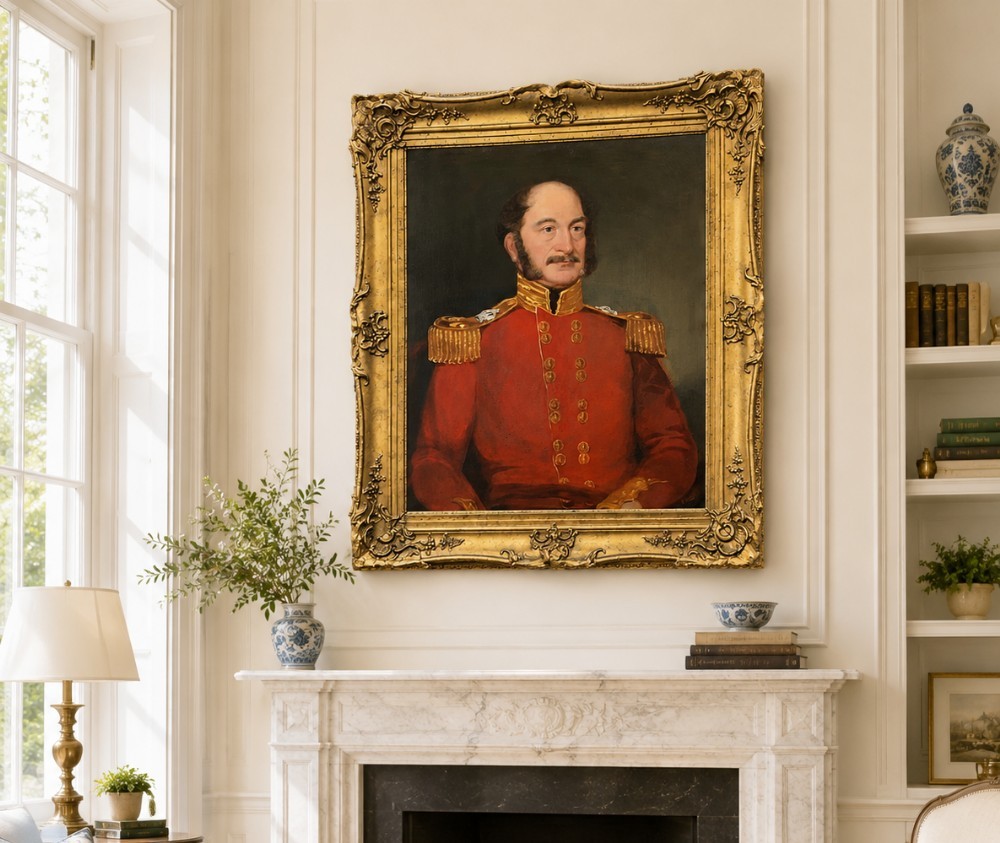 A 19th-century oil portrait of a British military officer depicted in regimental uniform on canvas. View XI