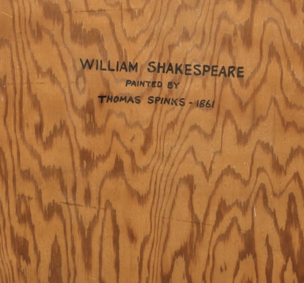 A 19th-century oil painting depicting William Shakespeare wearing a blue doublet with a white turn-down collar, presented in a gold-finished frame. View XIII