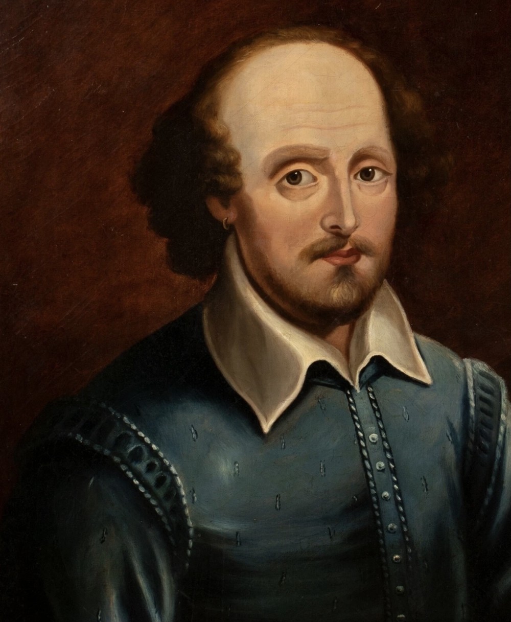 An oil painting depicting a portrait of William Shakespeare wearing a white lace collar, blue garment, and hoop earring against a dark background. View XIII