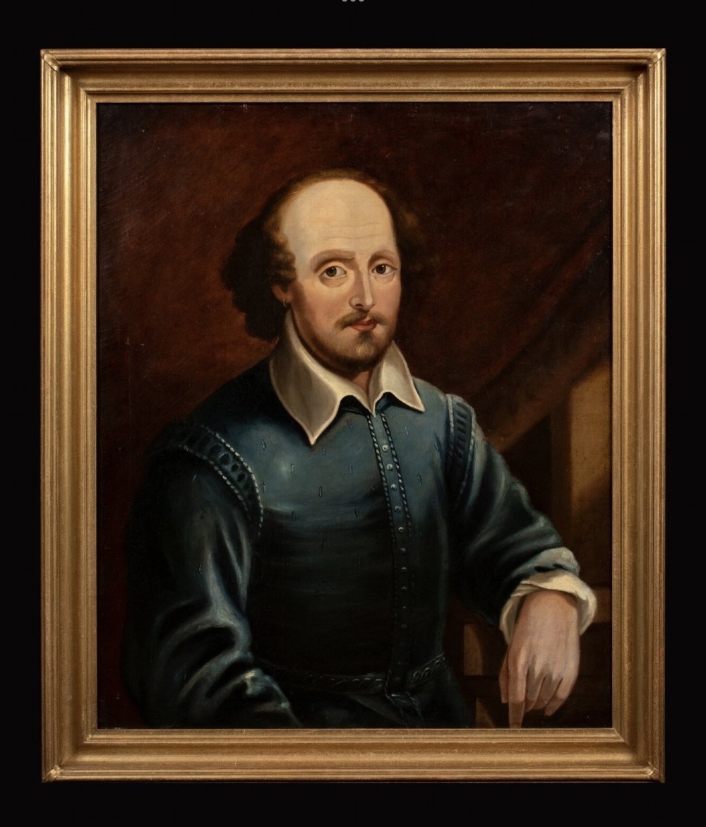 An oil painting depicting a portrait of William Shakespeare wearing a white lace collar, blue garment, and hoop earring against a dark background. View XIV