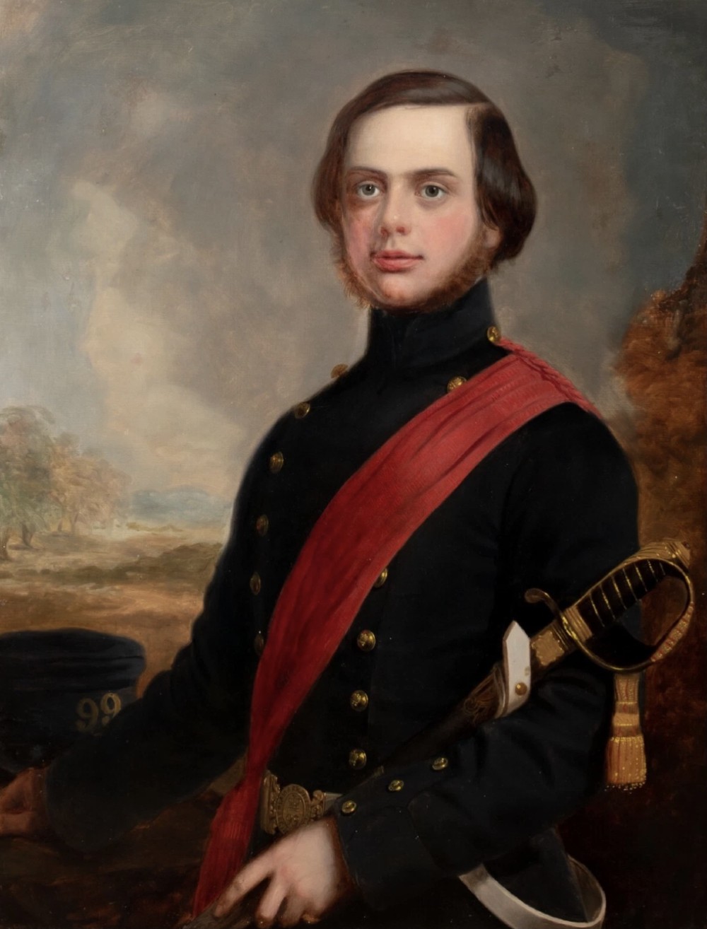 A nineteenth-century oil painting on canvas depicting a young military officer in a dark uniform with a red sash and sword, set within an ornate gilded frame. View III