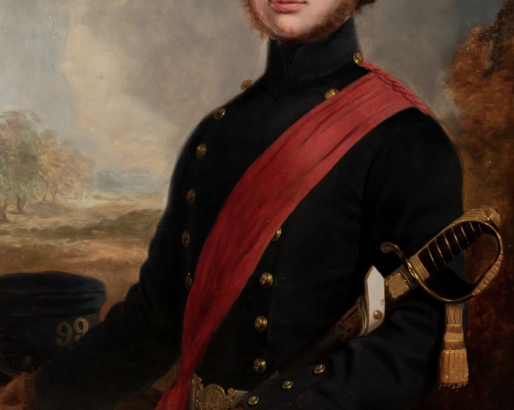 A nineteenth-century oil painting on canvas depicting a young military officer in a dark uniform with a red sash and sword, set within an ornate gilded frame. View V