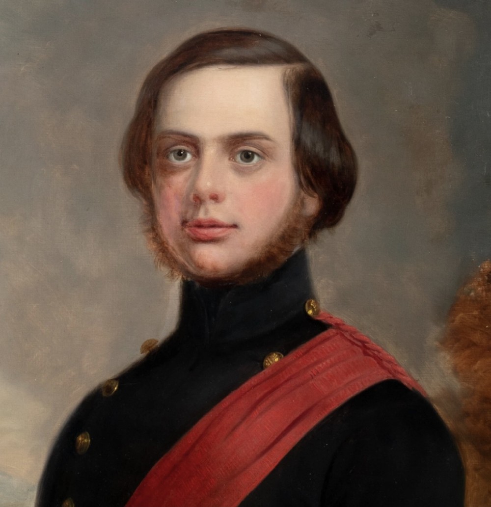 A nineteenth-century oil painting on canvas depicting a young military officer in a dark uniform with a red sash and sword, set within an ornate gilded frame. View VII
