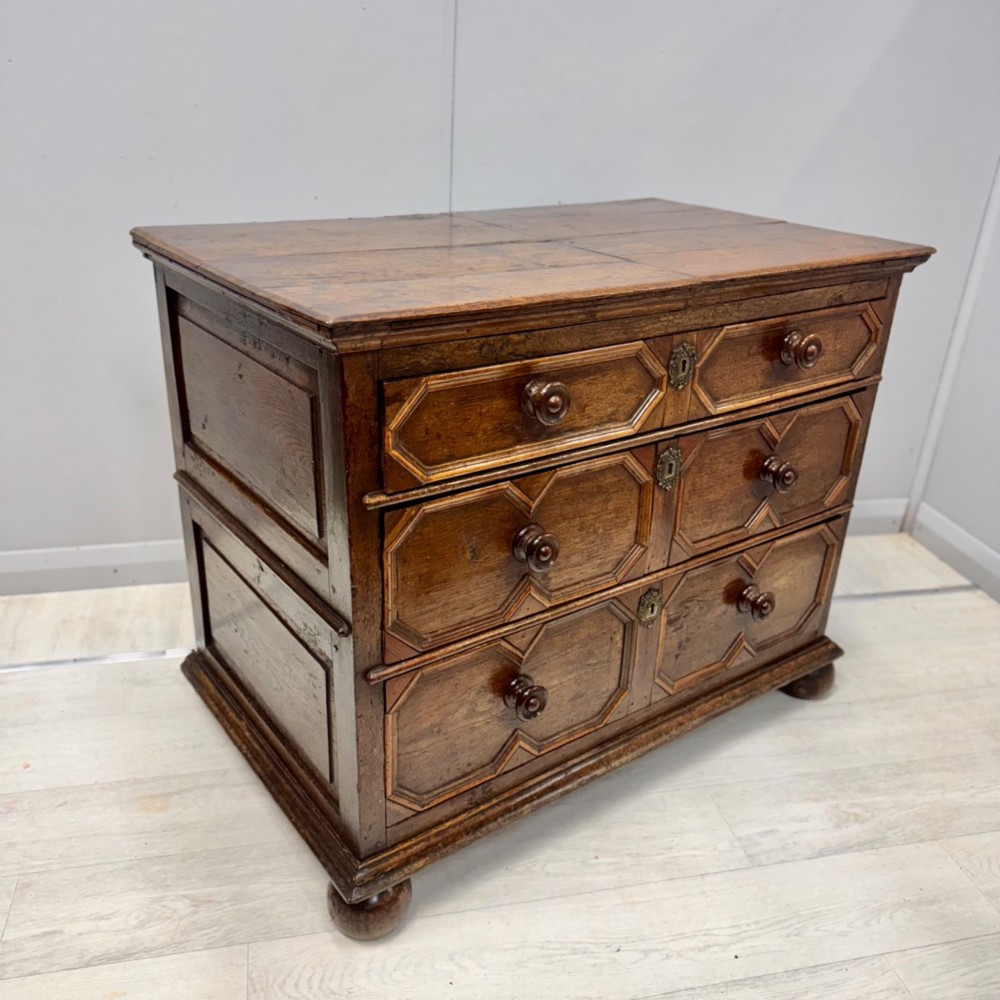 A 17th-century dark oak chest of drawers featuring geometric mitred mouldings on three drawer fronts, turned wooden handles, brass escutcheons, and bun feet. View III