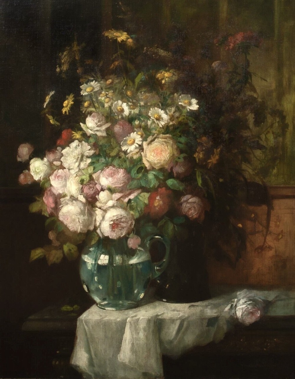 A 19th-century floral oil painting depicting a bouquet of pink and white flowers in a green glass pitcher, presented within an ornate silvered carved frame. View III