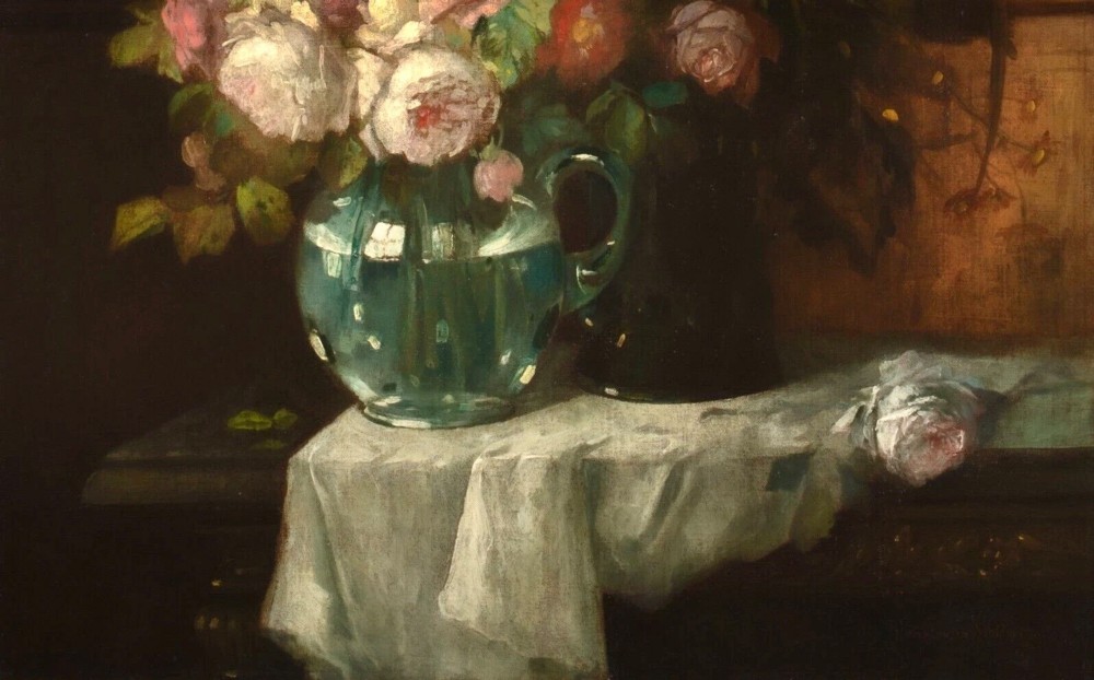 A 19th-century floral oil painting depicting a bouquet of pink and white flowers in a green glass pitcher, presented within an ornate silvered carved frame. View V