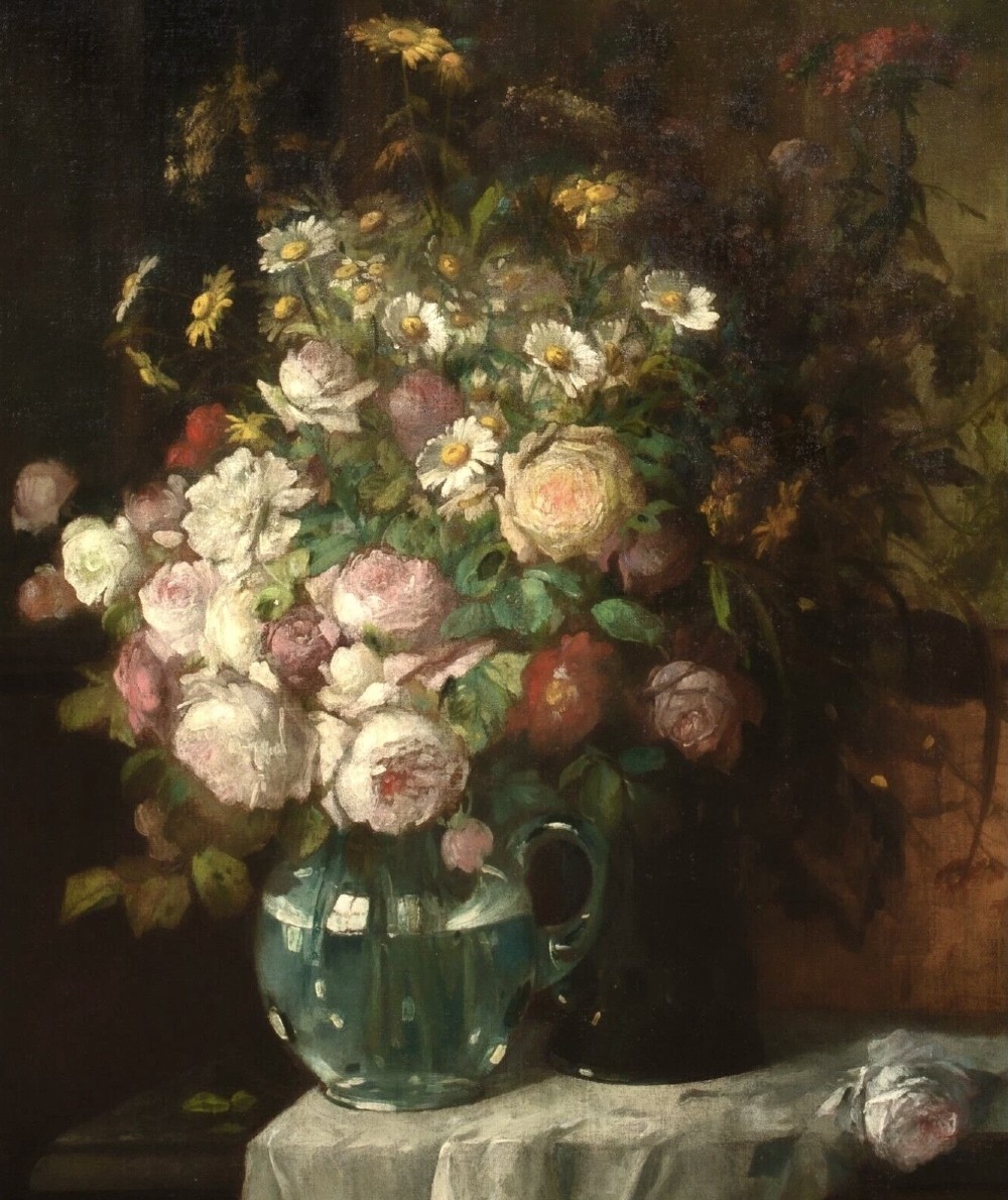 A 19th-century floral oil painting depicting a bouquet of pink and white flowers in a green glass pitcher, presented within an ornate silvered carved frame. View VII