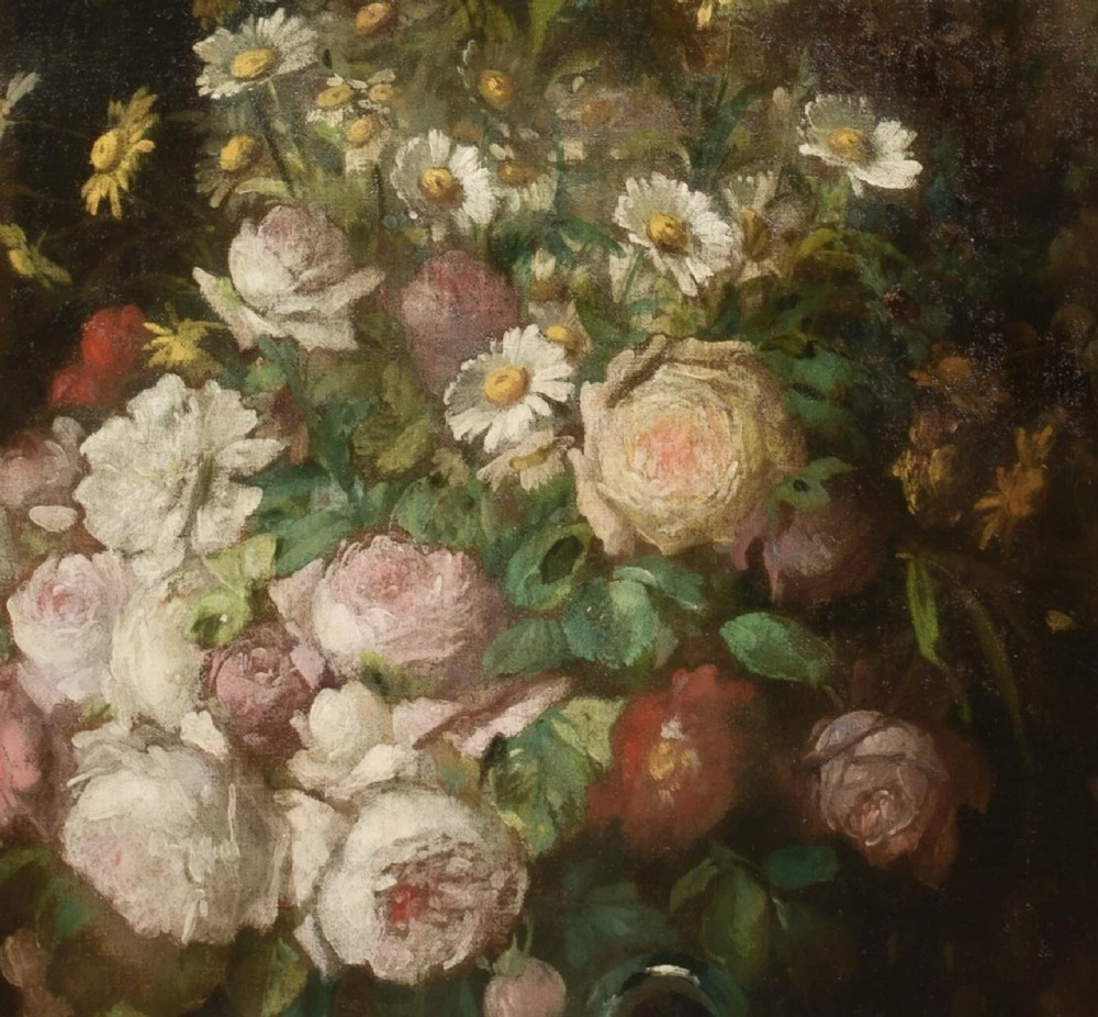A 19th-century floral oil painting depicting a bouquet of pink and white flowers in a green glass pitcher, presented within an ornate silvered carved frame. View IX
