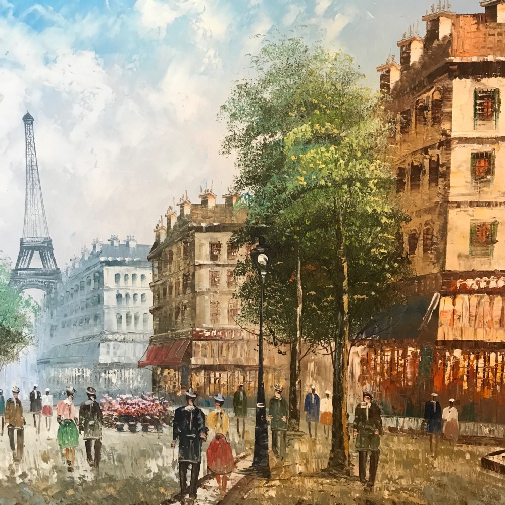 A large framed impressionist oil painting depicting a bustling Parisian street scene with buildings, figures, and the Eiffel Tower under a bright blue sky. View VIII
