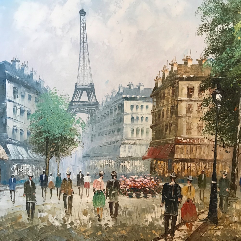 A large framed impressionist oil painting depicting a bustling Parisian street scene with buildings, figures, and the Eiffel Tower under a bright blue sky. View X