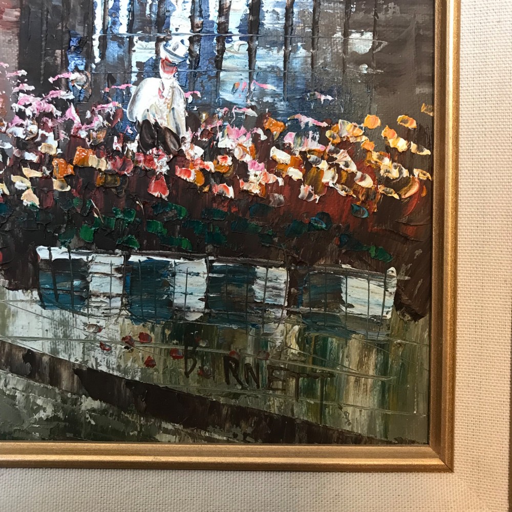 A large framed impressionist oil painting depicting a bustling Parisian street scene with buildings, figures, and the Eiffel Tower under a bright blue sky. View XI
