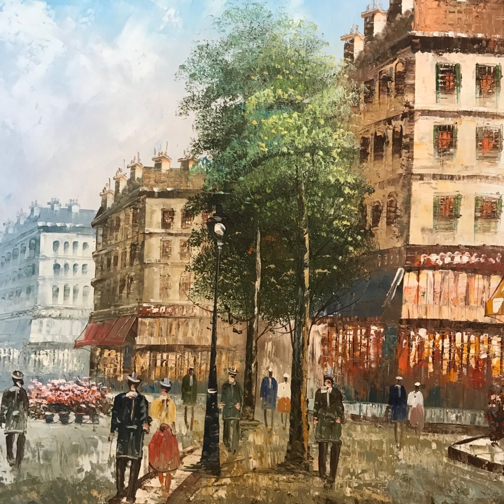 A large framed impressionist oil painting depicting a bustling Parisian street scene with buildings, figures, and the Eiffel Tower under a bright blue sky. View XII