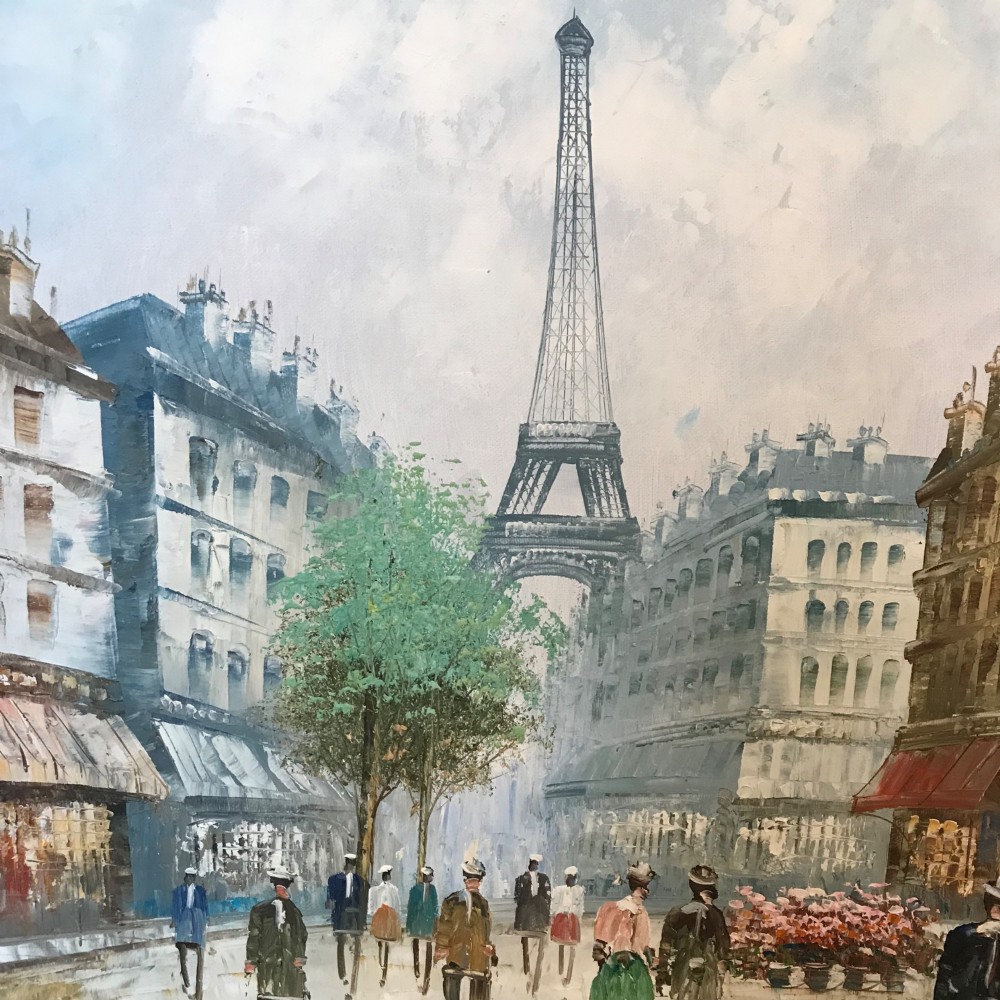 A large framed impressionist oil painting depicting a bustling Parisian street scene with buildings, figures, and the Eiffel Tower under a bright blue sky. View XIII