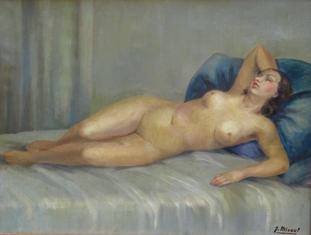 A framed French Art Deco oil painting on canvas depicting a reclining female nude resting against a blue pillow. View III