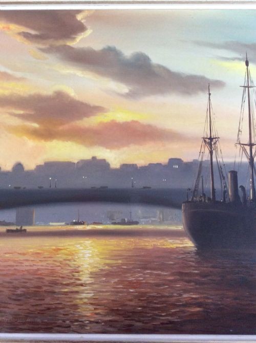 A panoramic oil painting depicting ships on the River Thames in London during sunset with Waterloo Bridge in the background, framed in a cream and gold border. View IV