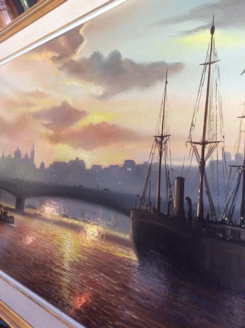 A panoramic oil painting depicting ships on the River Thames in London during sunset with Waterloo Bridge in the background, framed in a cream and gold border. View VI