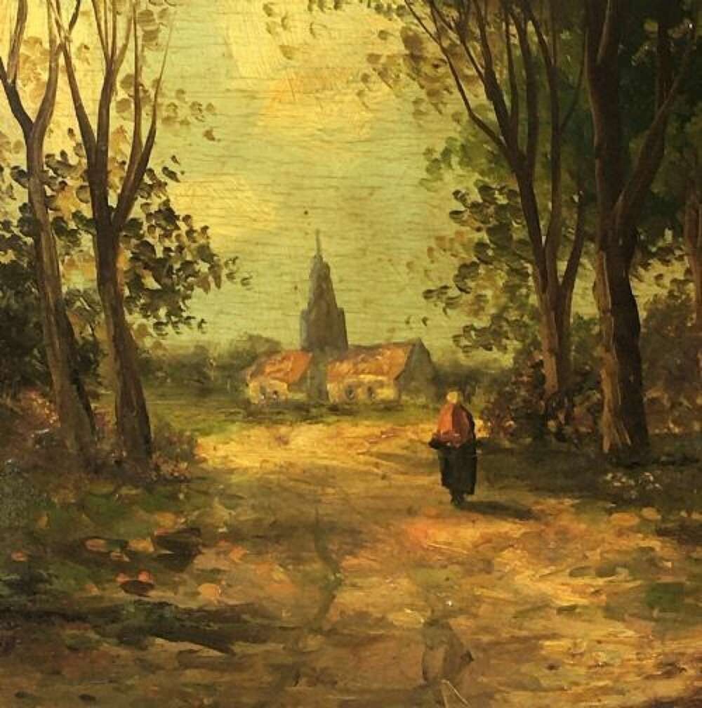 A nineteenth-century oil painting depicting a French rural farmyard scene with cottages, mature trees, and a dirt path set within an ornate carved giltwood frame. View IV