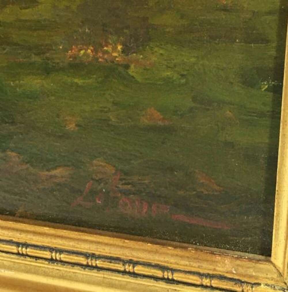 A nineteenth-century oil painting depicting a French rural farmyard scene with cottages, mature trees, and a dirt path set within an ornate carved giltwood frame. View VII
