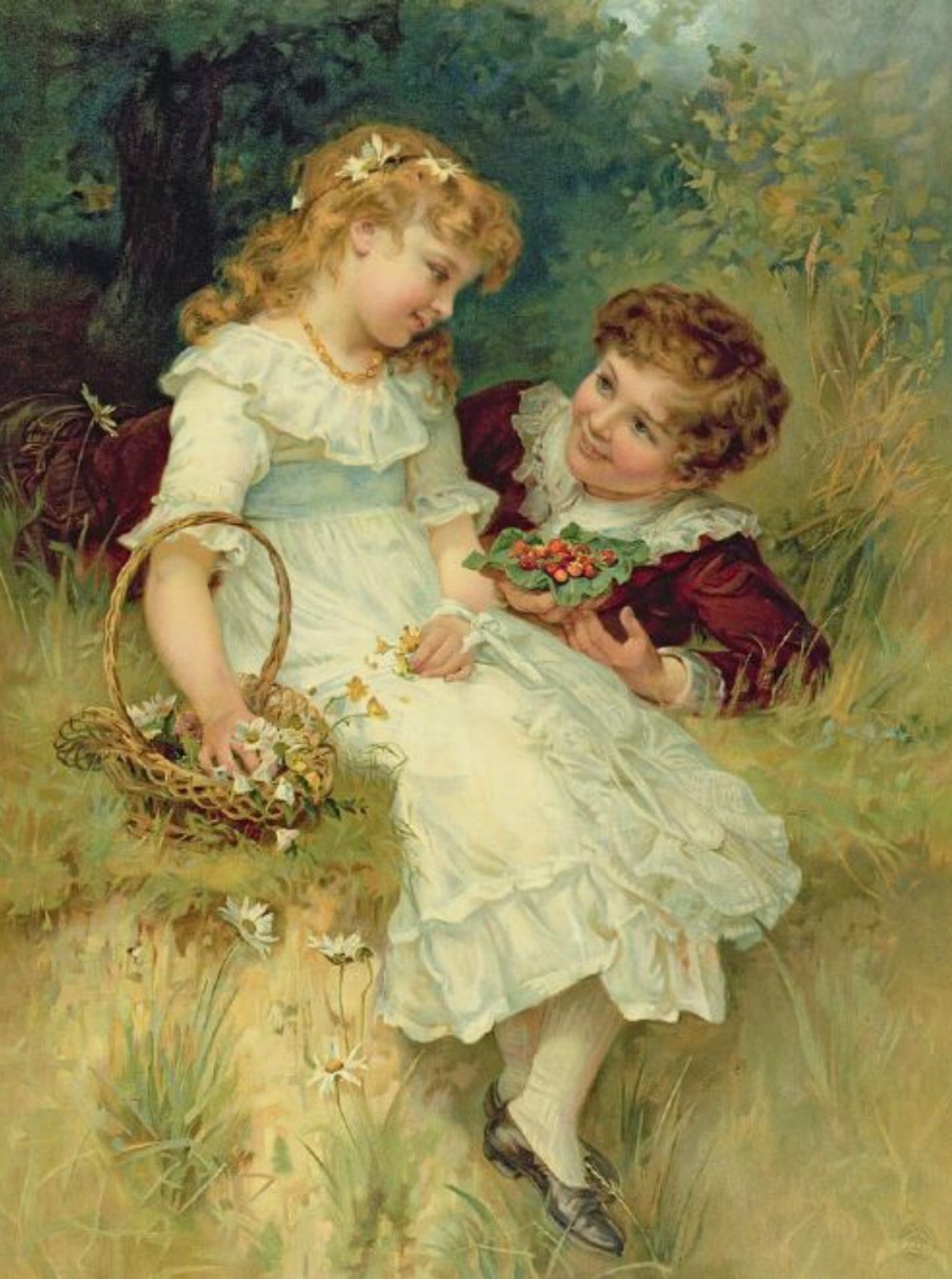 An antique framed colour print titled Sweethearts after Frederick Morgan, depicting two children sitting outdoors within an ornate gilded frame. View VI