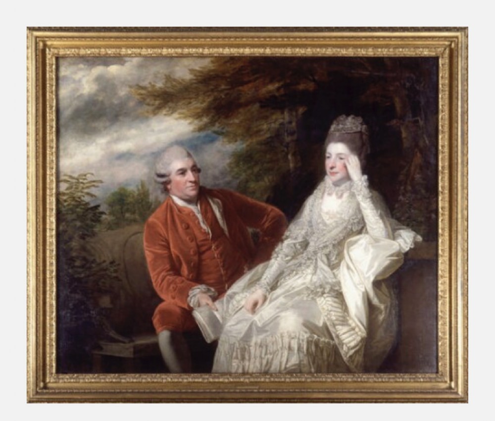An eighteenth-century style double oil portrait featuring a seated couple in period costume framed in an ornate gilded frame. View XII