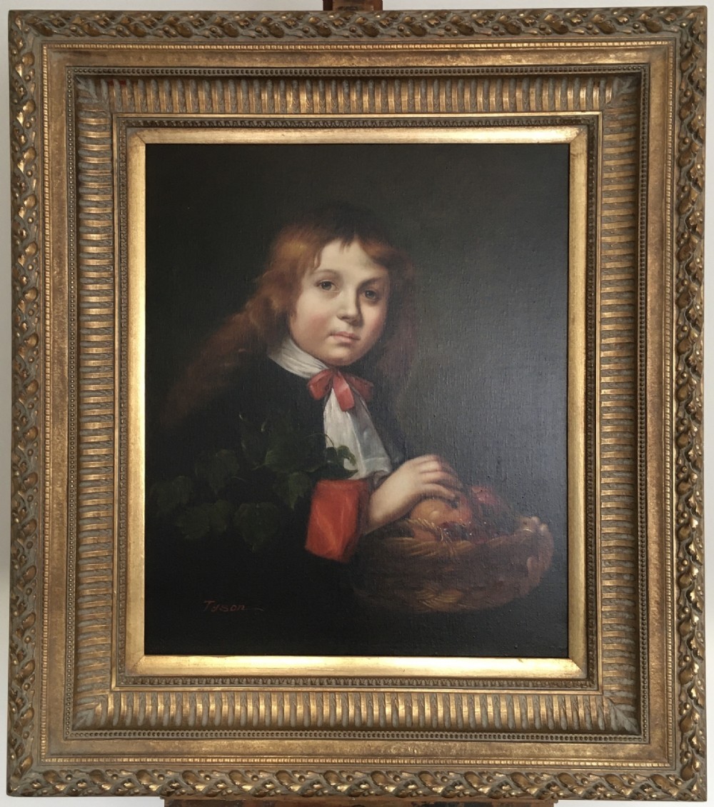 A framed portrait of a young boy with reddish-brown hair holding a basket of fruit, set within an ornate gilded frame. View VIII