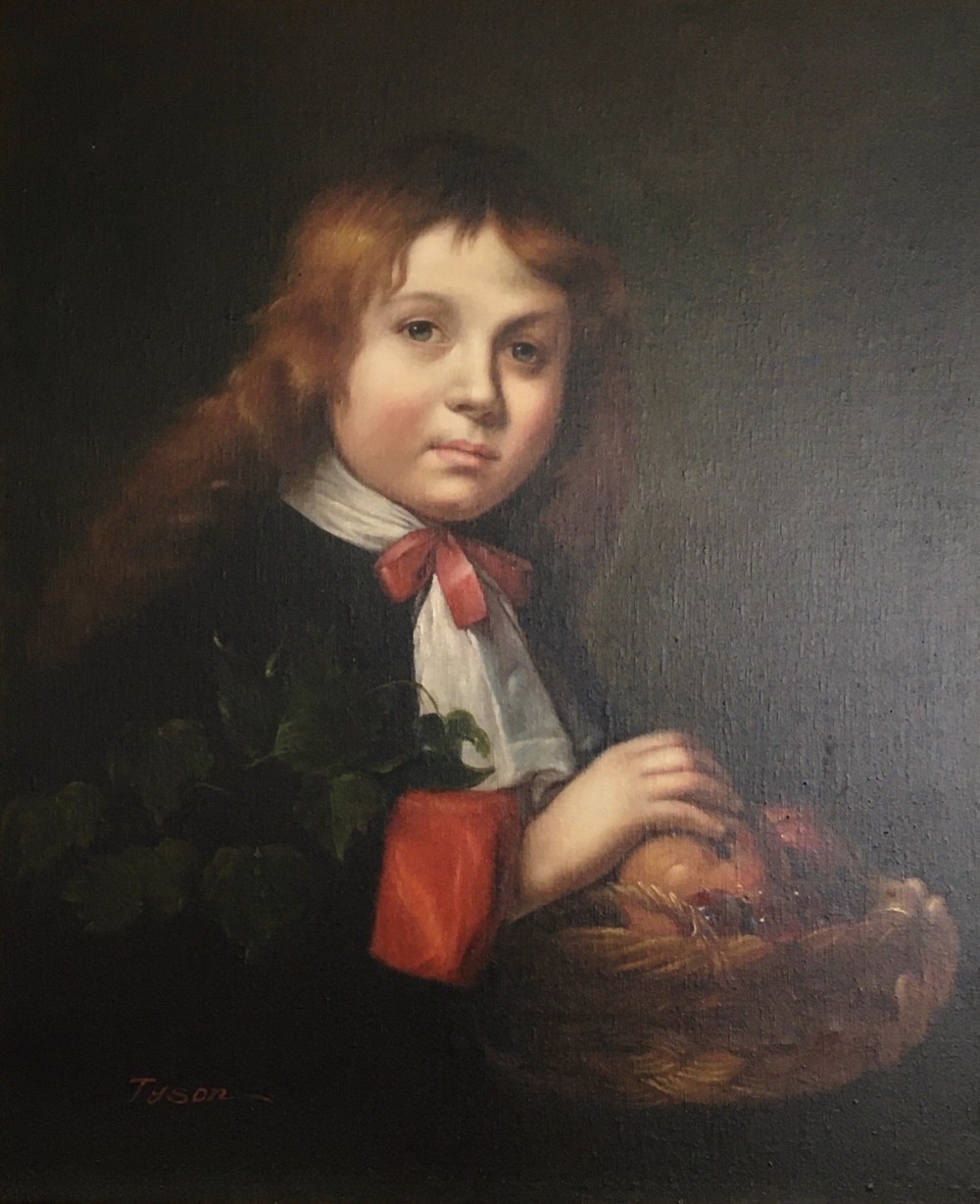 A framed portrait of a young boy with reddish-brown hair holding a basket of fruit, set within an ornate gilded frame. View XI