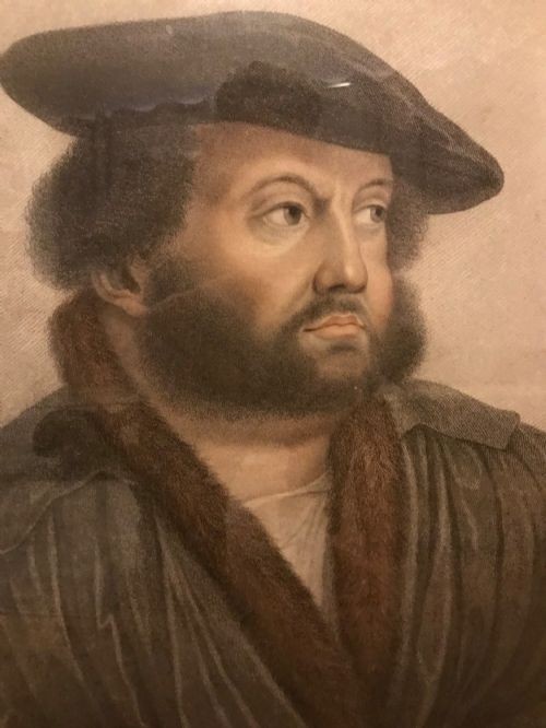 A framed late 18th-century stipple engraving portrait of Hans Holbein set within a mould-detailed dark and gilt wood frame. View II