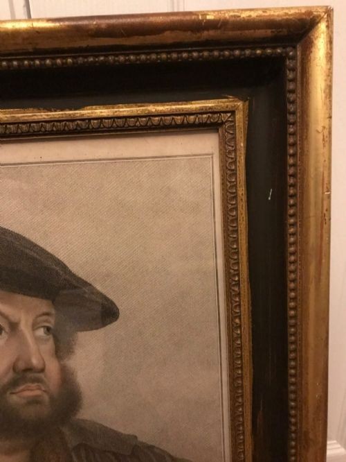 A framed late 18th-century stipple engraving portrait of Hans Holbein set within a mould-detailed dark and gilt wood frame. View VI