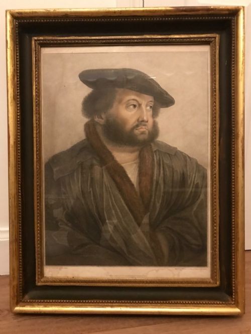 A framed late 18th-century stipple engraving portrait of Hans Holbein set within a mould-detailed dark and gilt wood frame. View VII