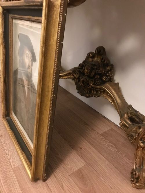 A framed late 18th-century stipple engraving portrait of Hans Holbein set within a mould-detailed dark and gilt wood frame. View IX